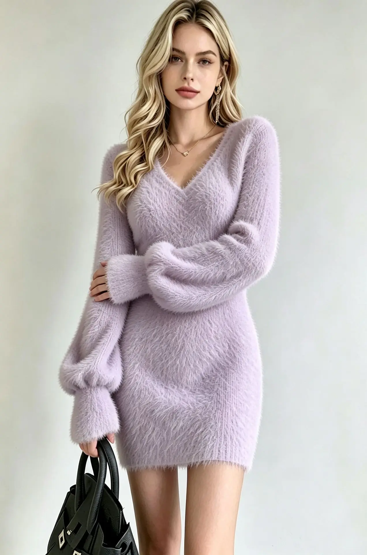 Herbst-Winter Strickkleid Schlankes Einfarbiges Modisches Elegantes Lässiges Pendler-Stil Langärmeliges V-Ausschnitt Kurzes Kleid