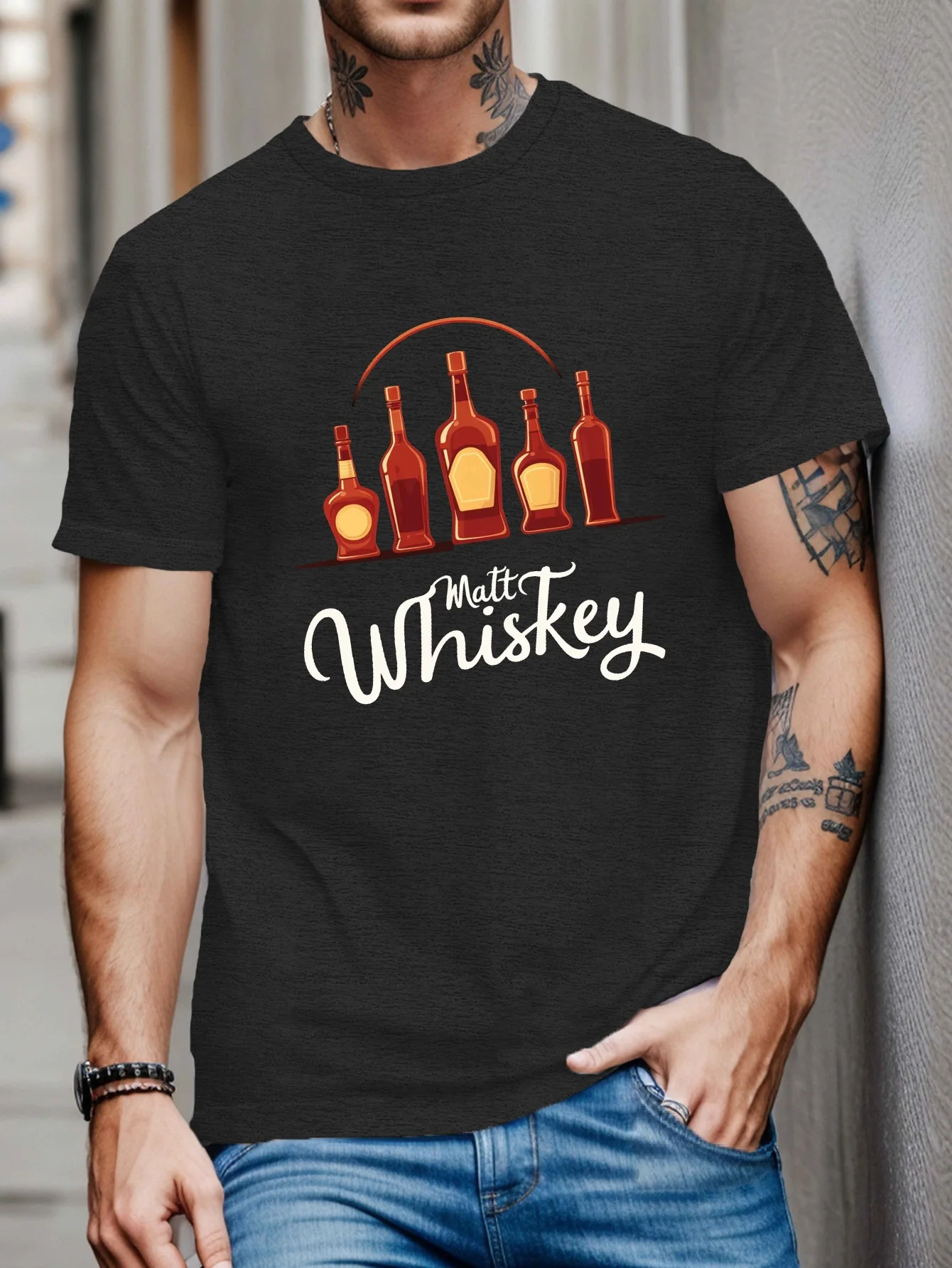 

Whiskey Enthusiast Graphic Men's T-Shirt - Stylish Malt Whiskey Bottle Design, Short Sleeve, Round Neck, Comfortable