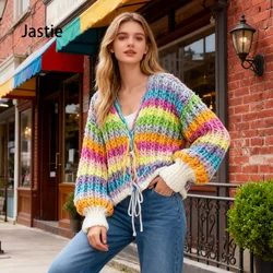 Jastie Rainbow Long Sleeve Tassel Loose Sweater For Women 2025 Autumn Winter Boho Knitted Cardigan Coat Female Jumper Tops