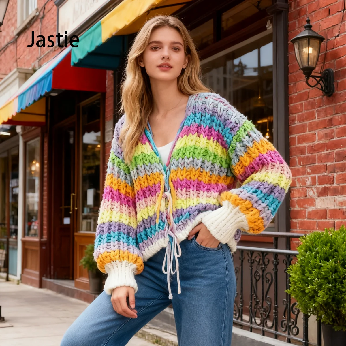 Jastie Rainbow Long Sleeve Tassel Loose Sweater For Women 2025 Autumn Winter Boho Knitted Cardigan Coat Female Jumper Tops