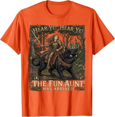 Mittelalterliche Renaissance Ritterkatze Lustige Tante Kleidung Vintage T-Shirt Lustiges „Hört ihr, hört ihr, die lustige Tante ist angekommen“ Ritterkatze T-Shirt – Detail 11