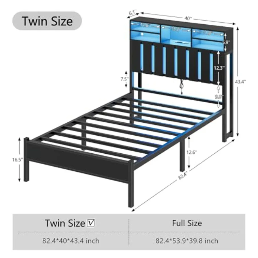 Size Bed Frame with Storage Headboard and LED Lights: bedroom use, engineered wood, walnut finish, space-saving design with int