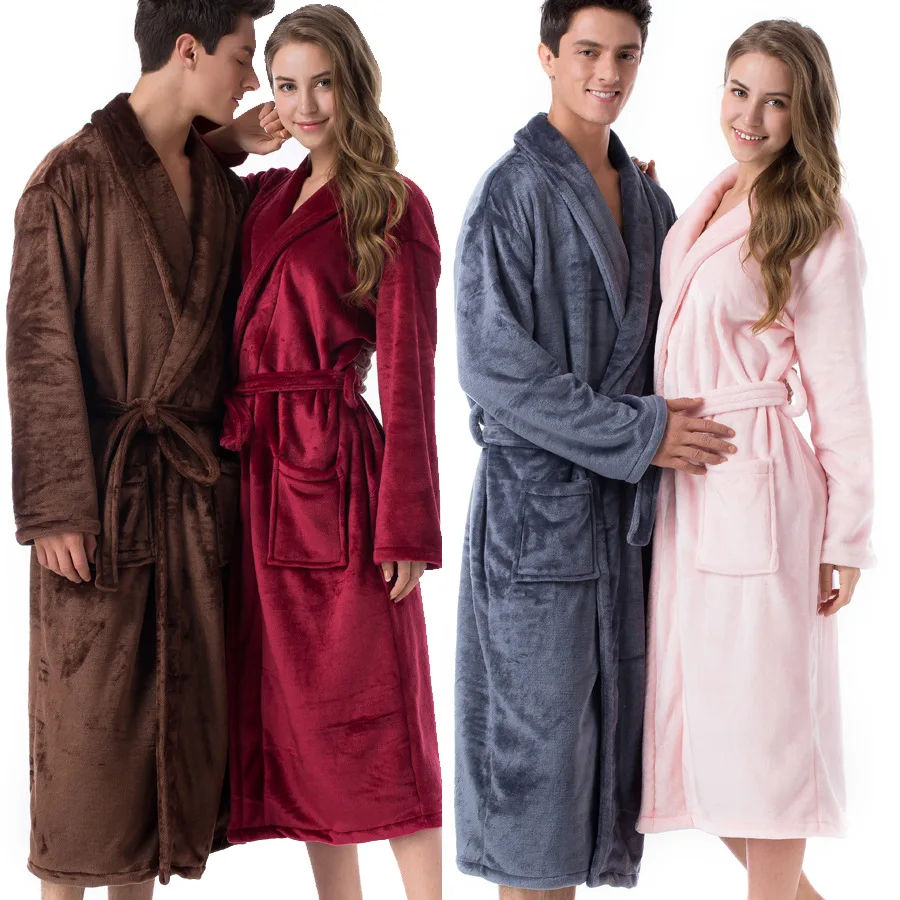 

Autumn Winter Flannel Couple Robe Sleepwear Oversize Thick Coral Fleece Kimono Bathrobe Gown Nightwear with Pockets Home Wear