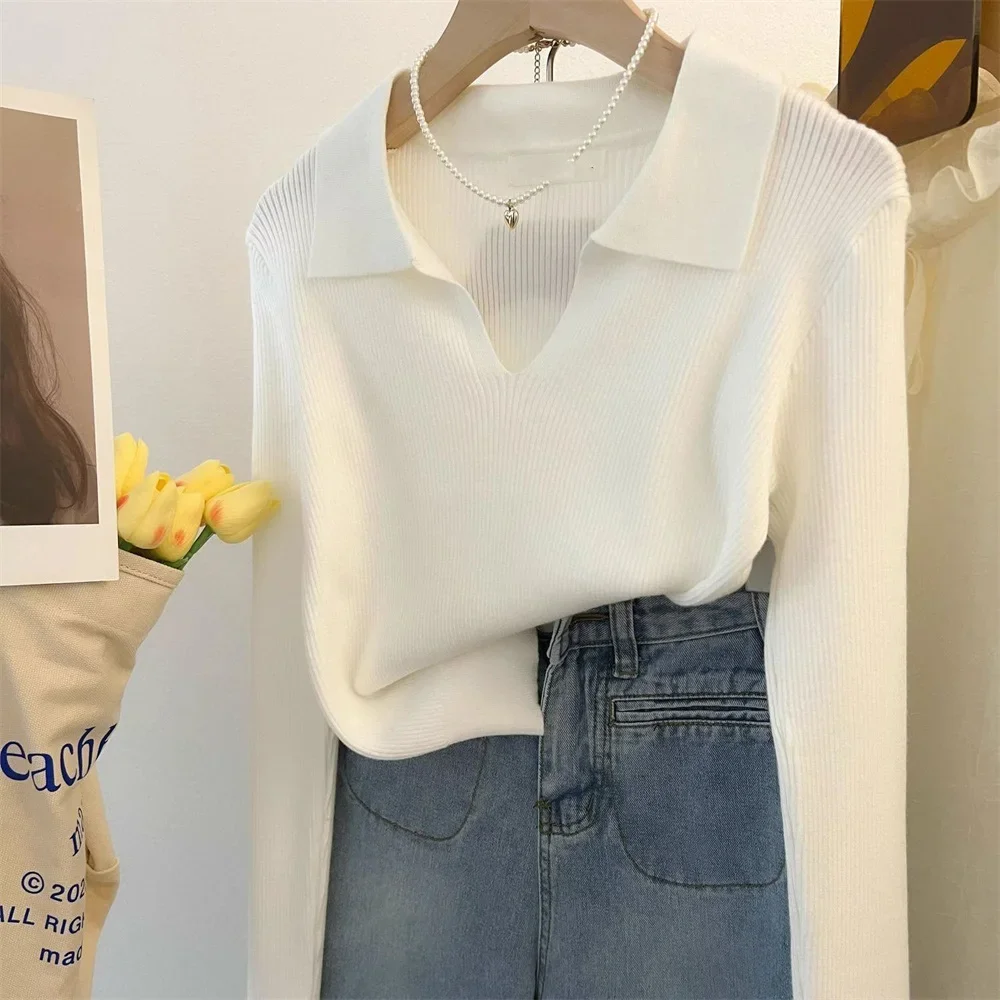 

Женская одежда, винтажные модные однотонные пуловеры с отложным воротником, осень-зима, повседневный вязаный топ с длинными рукавами, элегантный весенний свитер