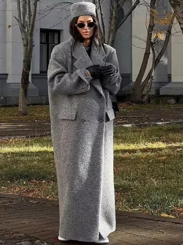 Ladies Oversized Maxi Wool Blend Coat Notched Lapel Double Breasted Loose Long Sleeve Gray Thick Coats Warm Winter Street Jacket
