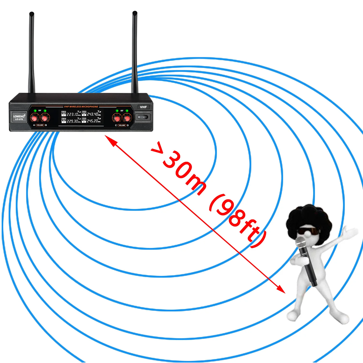 LOMEHO 4 VHF Wireless Microphone System Fixed Frequency Channels 30m Dynamic Handheld Transmitter Party Karaoke Show Mic LO-U78