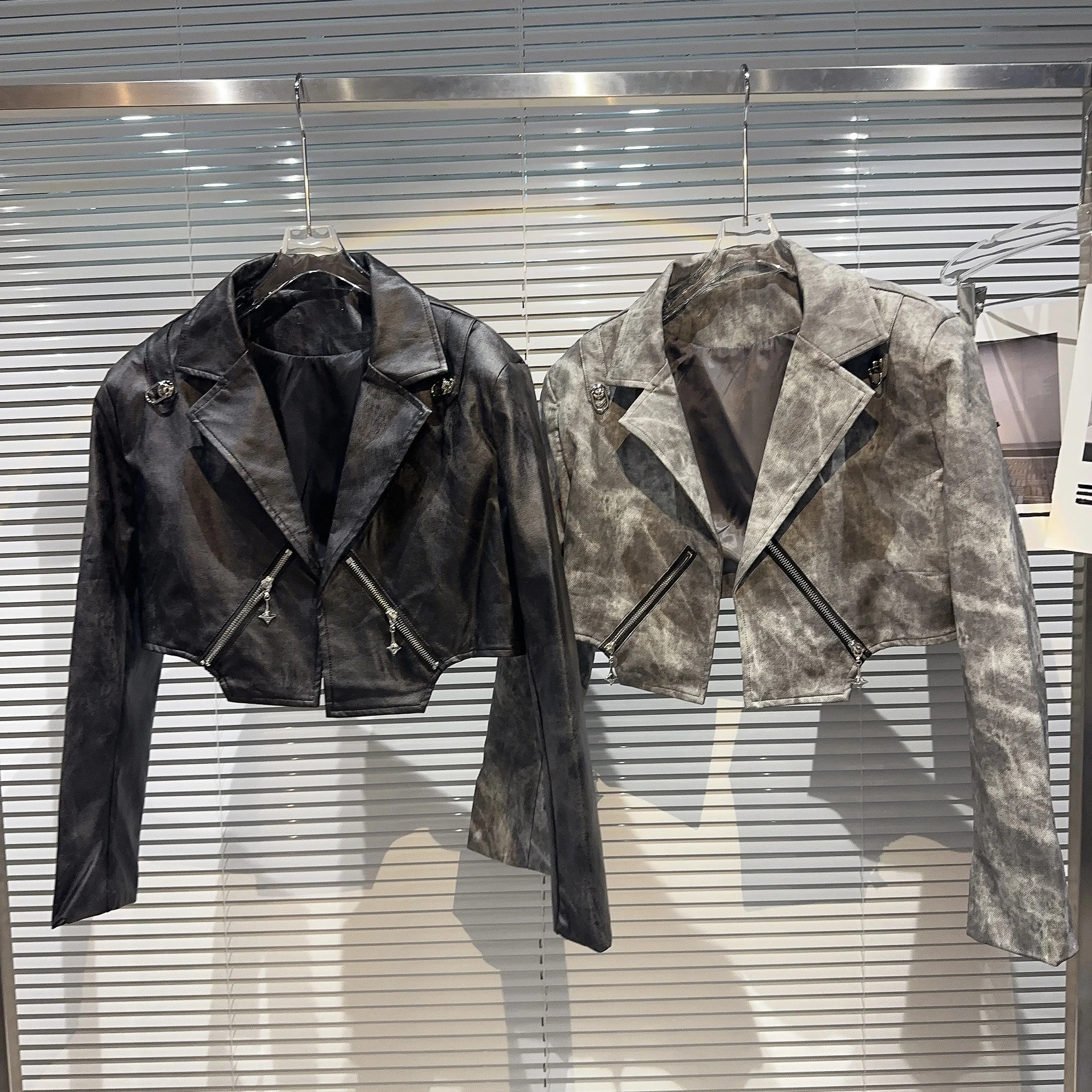 Street Sle ort PU الجلود Jaet 2023 الخريف Faion الصباغة Waed السائق Jaet سستة إغلاق طويل Sve قطع مستقيمة