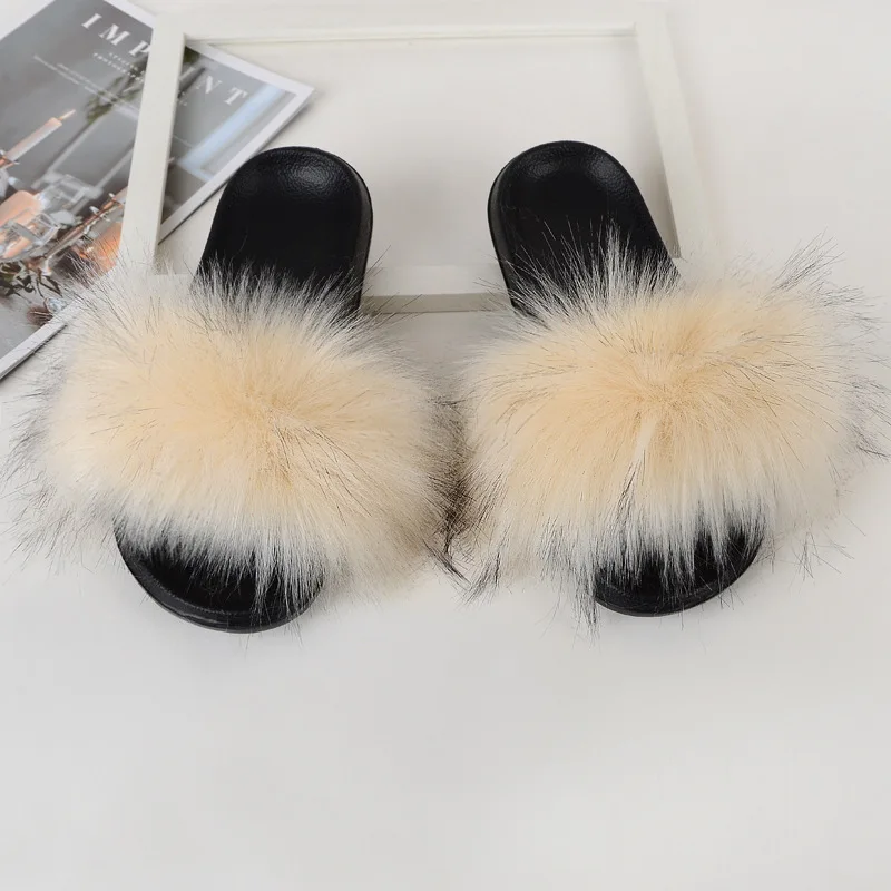 Kids Fur Slippers  Fluffy Faux Raccoon Fur Slides Furry Home Floor Flip Flops Children Summer Shoes Girls Fur Sandals