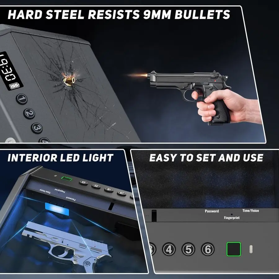 ピストル用ガンセーフ、指紋認証デジタルPINキー付きハンドガンセーフ、家庭用寝室ベッドサイドナイトスタンド用ガンロックボックス収納
