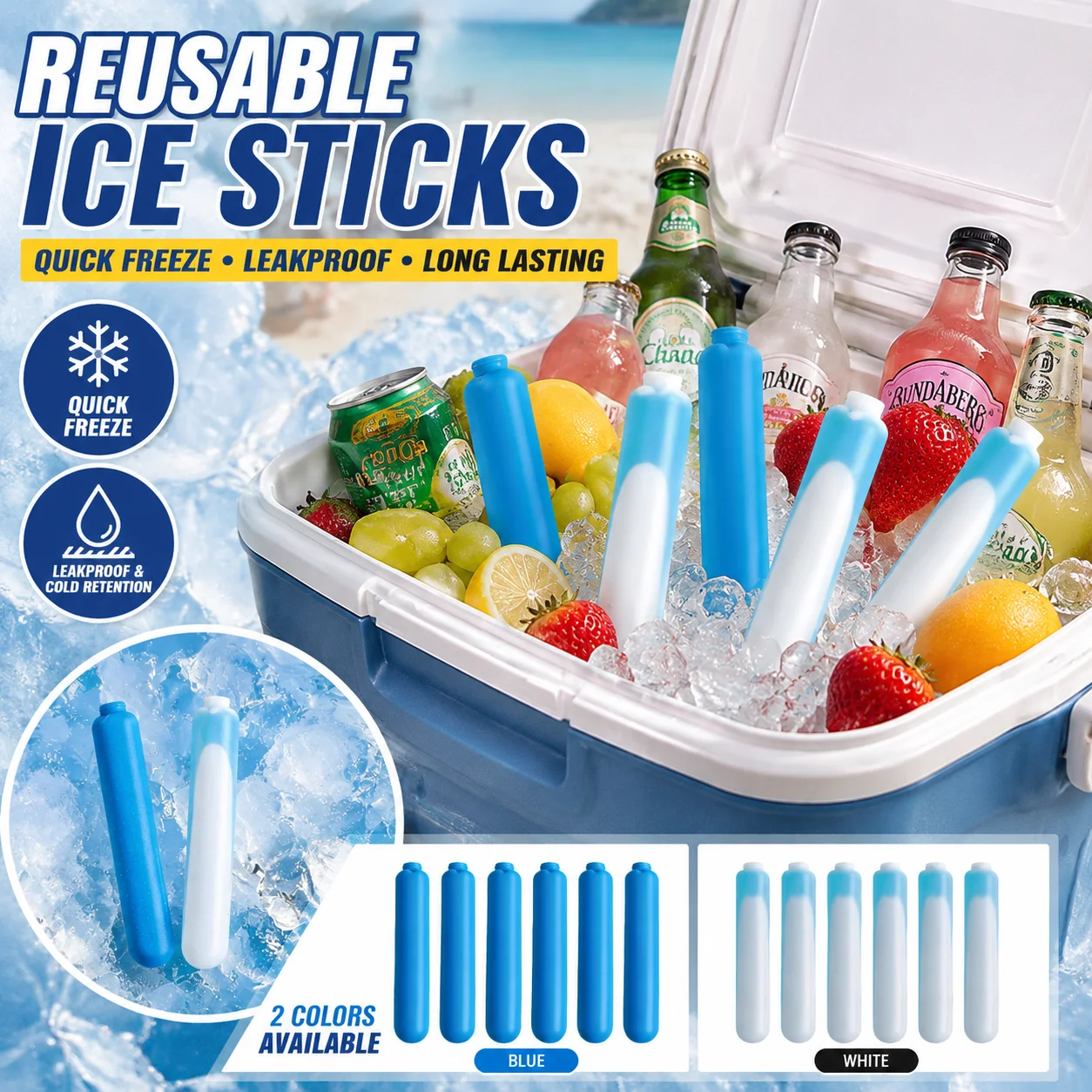 No Water Fill Reusable Ice Sticks Quick Freeze Leakproof Cooling Rods Portable Cold Pack For Cooler Box Beverage Outdoor Camping