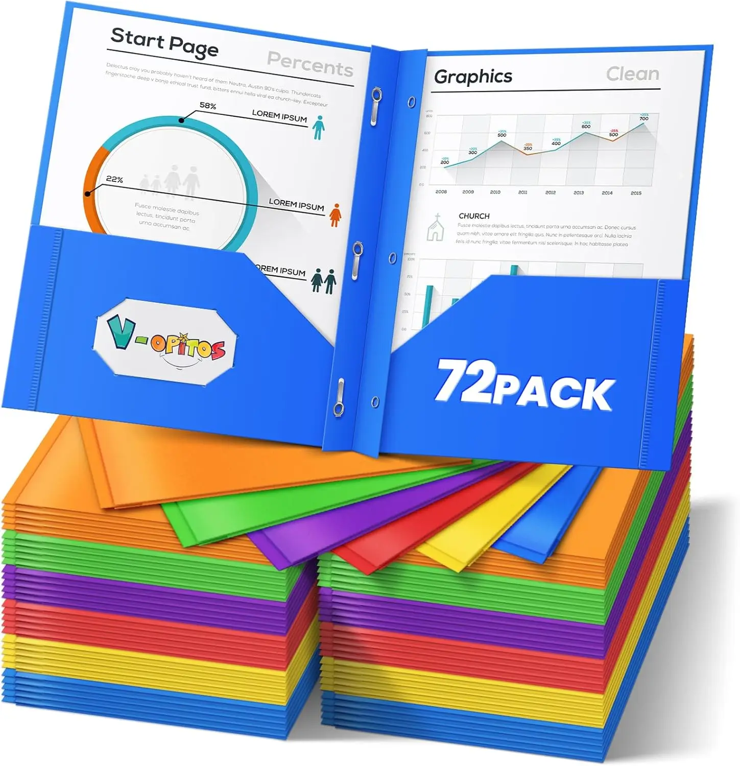 

72 Pack 2 Pocket Folders with 3 Prongs, Heavy Duty Plastic File Folders in 6 Colors for School and Office