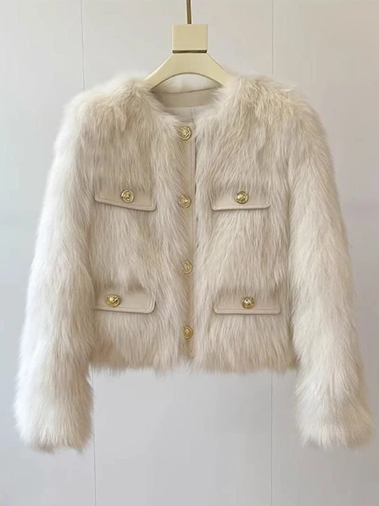 Abrigo de piel sintética suave y cálido para mujer, chaqueta coreana de manga larga con cuello redondo a la moda, prendas de vestir informales elegantes para mujer que combinan con todo, Tops