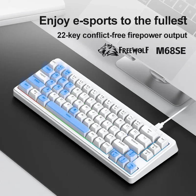 FREEWOLF M68SE Mini Keyboard Kabel RGB Backlit Tipe-C Kompak untuk Game dan Kantor, Layout 68% Ergonomis, Keyboard Portabel, Aksesoris PC