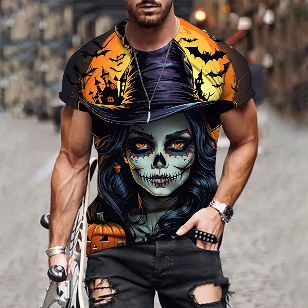 Мужская футболка с коротким рукавом в готическом стиле ужасов на Хэллоуин, 3D винтажная крутая футболка с рисунком черепа и круглым вырезом, удобные футболки в стиле хип-хоп для улицы