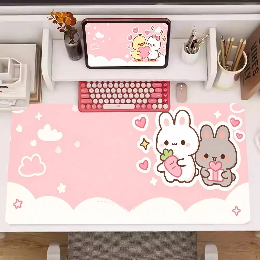 Pink Rabbit And Hamster Table Mat Large Size Smooth Cloth Surface Non Slip Rubber Base For Cute Style Study Desk