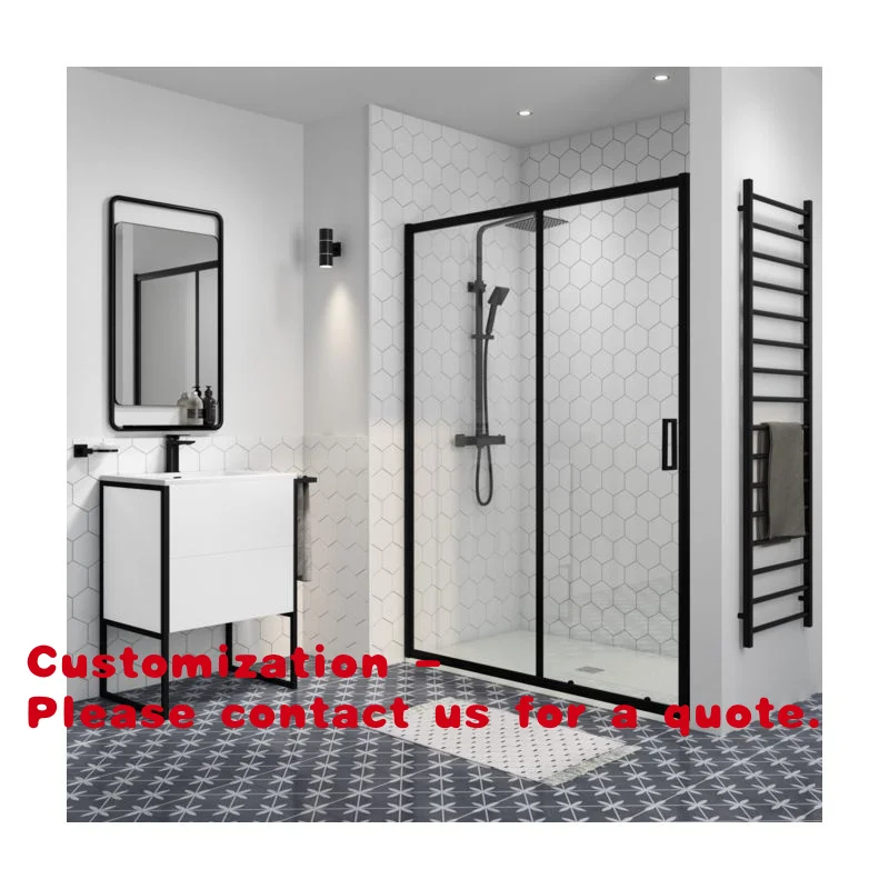 

Customize.Bathroom Sliding Glass Door Runners Frameless Textured Glass Shower Door with Black Handle and Hinges