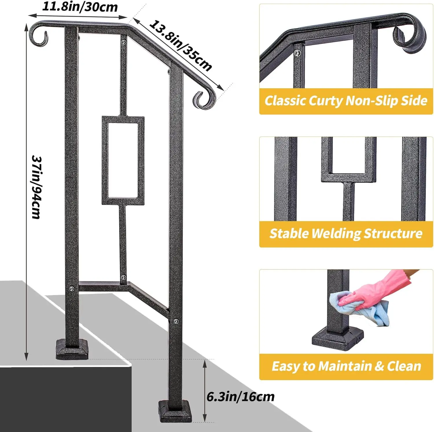 Stair Railing, Handrails for Outdoor Steps, Heavy Duty Handrail Stair Railing Fits 1-2 Steps with Installation Kit Mattle