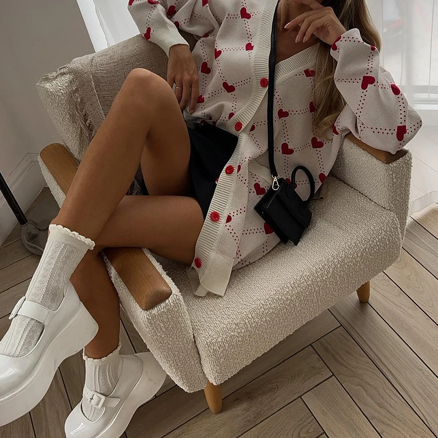 Heart Pockets Pink Cardigan Knit Sweater Women Spring Autumn Winter Maxi Soft Loose Coat White Long Knitted Jacket Cardigan