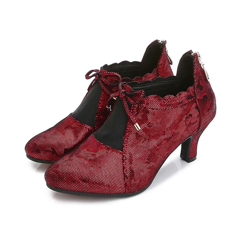 Loogtshon Women Dance Boots For Ladies High Heel Flannel Ballroom Modern Dance Shoes RED Gilrs Soft Sole Bachata Salsa