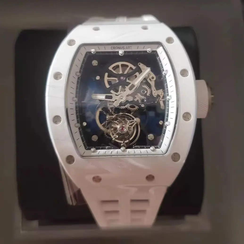 CRONUSART Men Tourbillon Watch Tonneau Mechanical Wristwatch Waterproof Ceramic Case Luminous FKM Strap Sapphire Mirror Skeleton