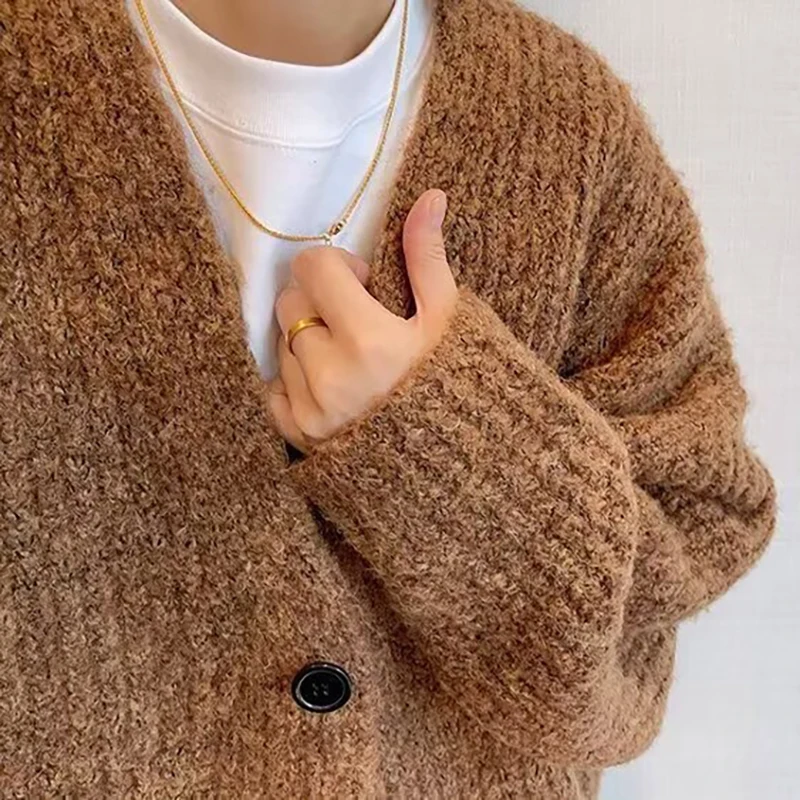 Herbst Winter männer Einfarbig Strickjacke Pullover Strickwaren Koreanische Taste Strickjacke Männlichen Vintage Pullover Hip-Hop Streetwear – Detail 17