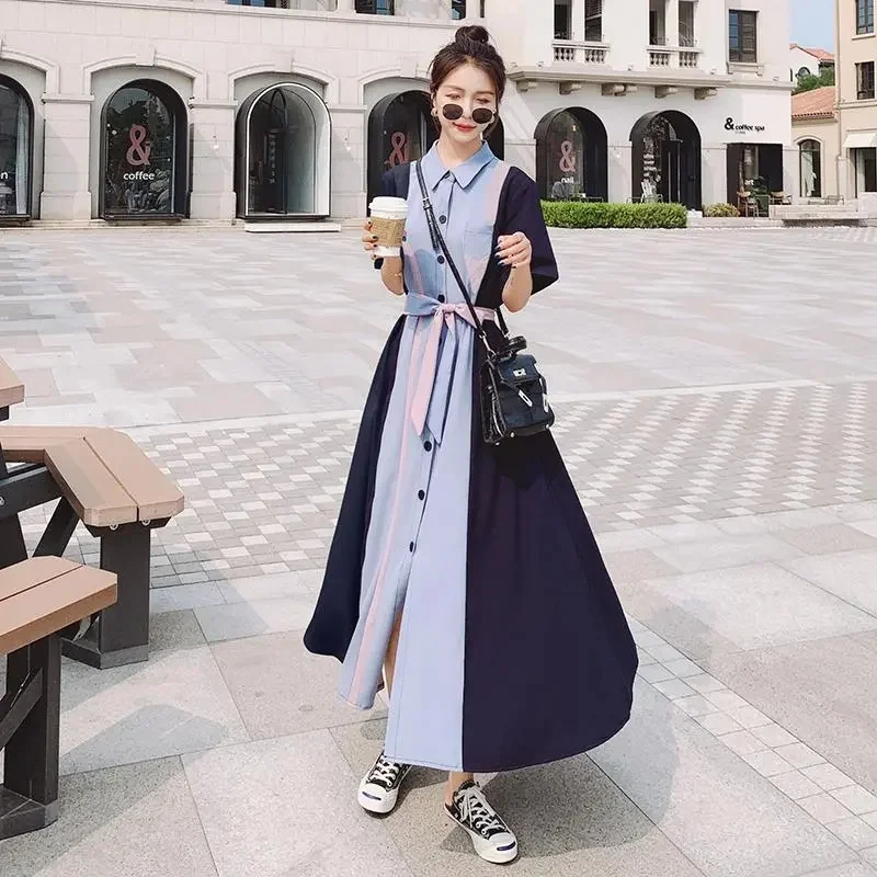 

French retro contrast dress women summer 2023 new chic design sense niche temperament waist shirt skirt female loose A-line Dres