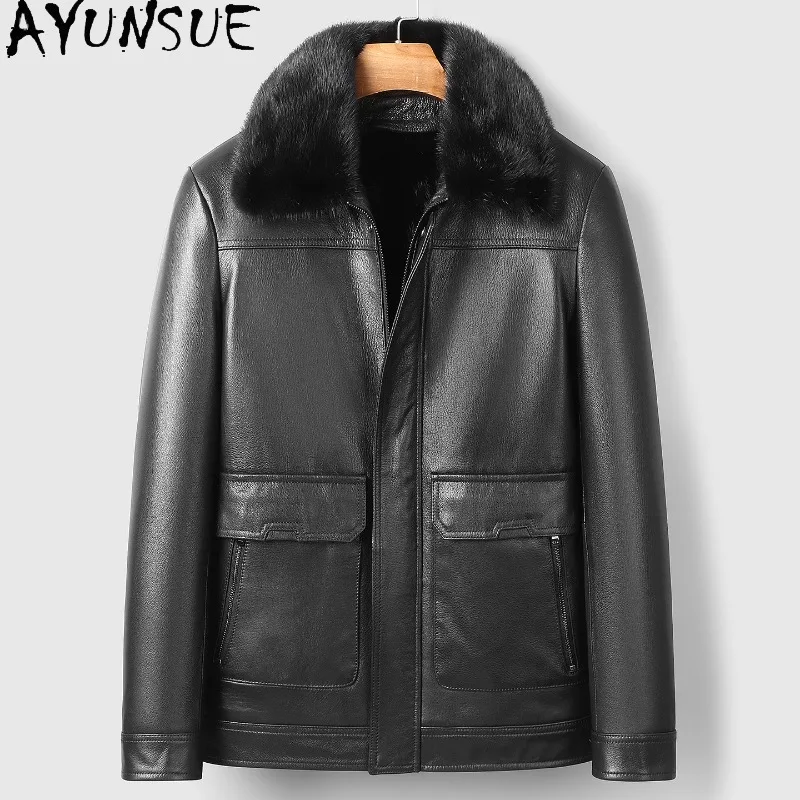 

AYUNSUE 100% Goatskin Genuine Leather Jacket Men Winter Real Fur Coat Detachable Mink Fur Liner Coats Warm Black Man Fur Jackets
