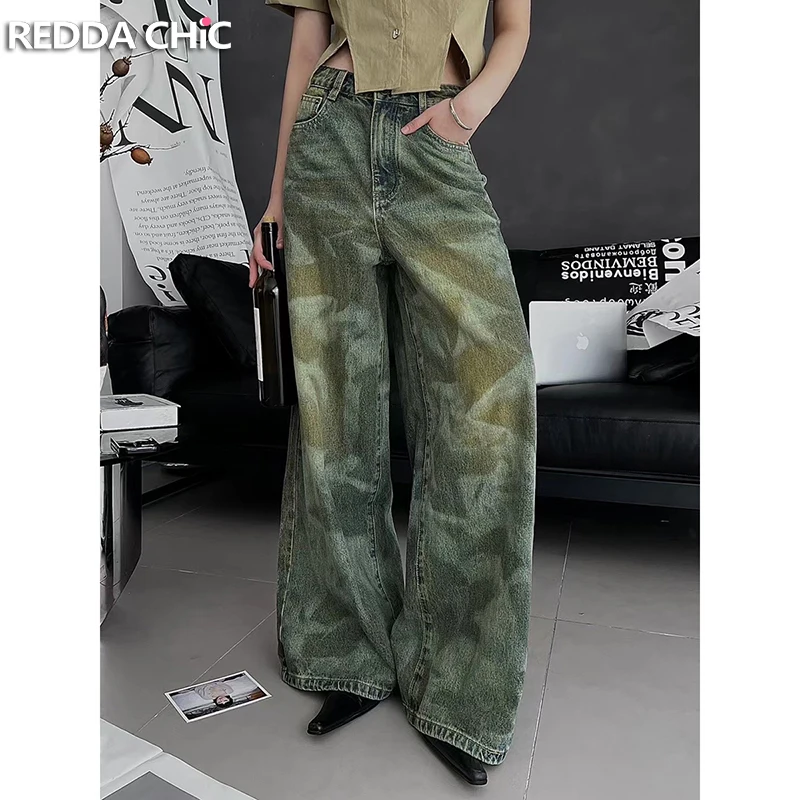 REDDACHiC Tie Dye Green Women Baggy Jeans Vintage Wash High Waist Loose Fit Causal Wide Leg Denim Pants Y2k Harajuku Streetwear