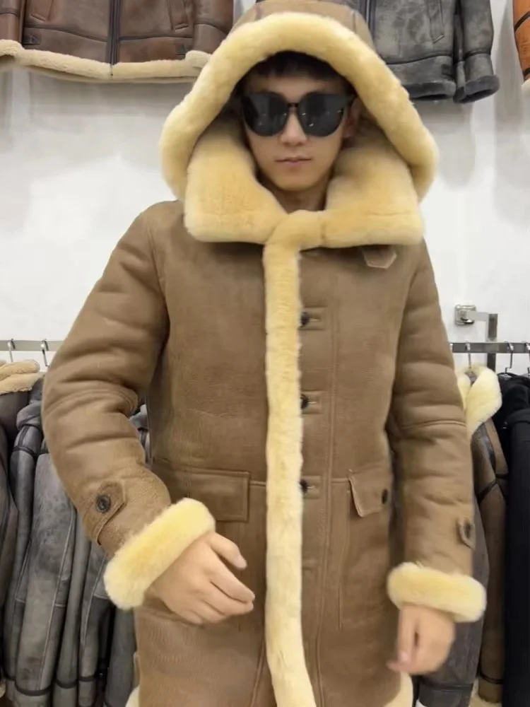 Negócios estilo casual cor sólida masculino mangas compridas com capuz pele real único breasted bolso artesanal casaco de pele de carneiro