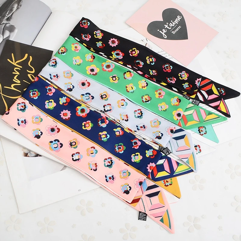 120cm LengthenedKorean Version Color-blocking Flower Fashion Ladies Fecoration Twill long Strip silk scarf Tie Bind a bag Ribbon