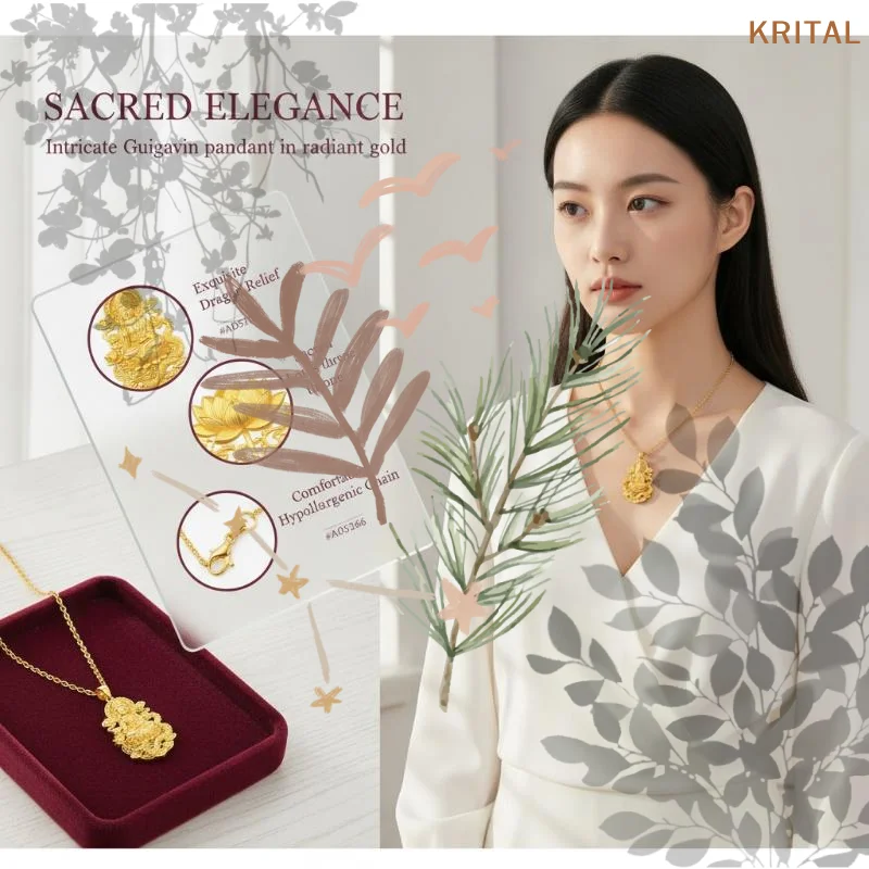 Gold Plated Guanyin Pendant Necklace With Carved Dragon And Lotus Patterns For Daily Wear And Gifting Collection