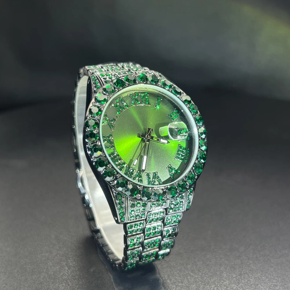 Men\'s Watch Ice-out Green Diamond Luxury High Quality Calendar Waterproof Quartz Watches Round Face Stainless Steel Wristwatch