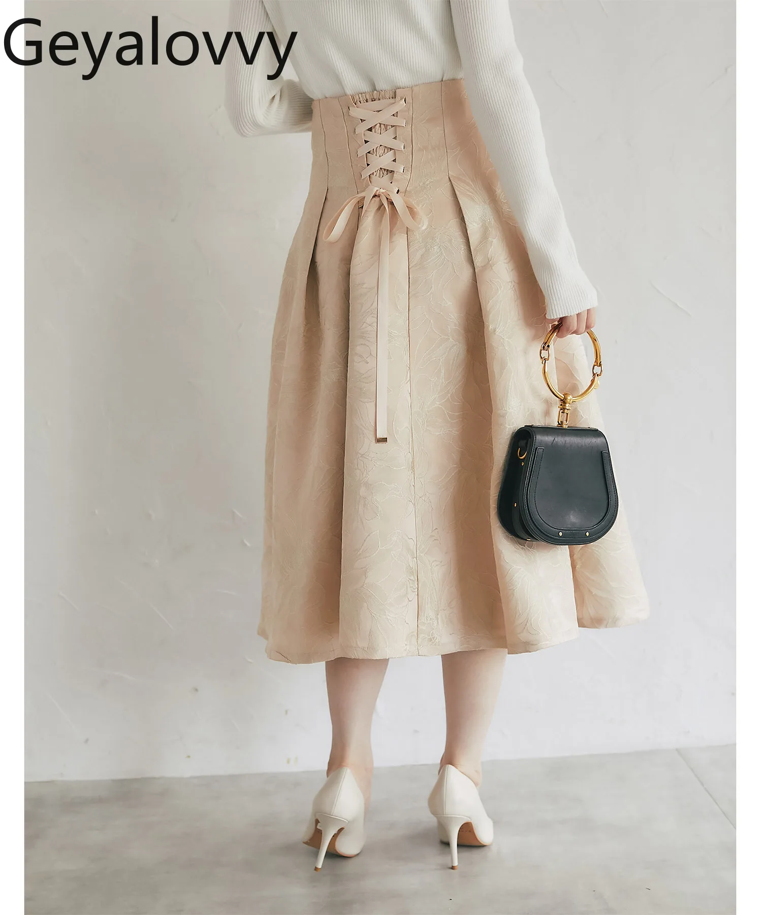 Falda plisada de Jacquard con lentejuelas y cordones de estilo japonés para mujer, faldas informales elegantes de longitud media para primavera y otoño