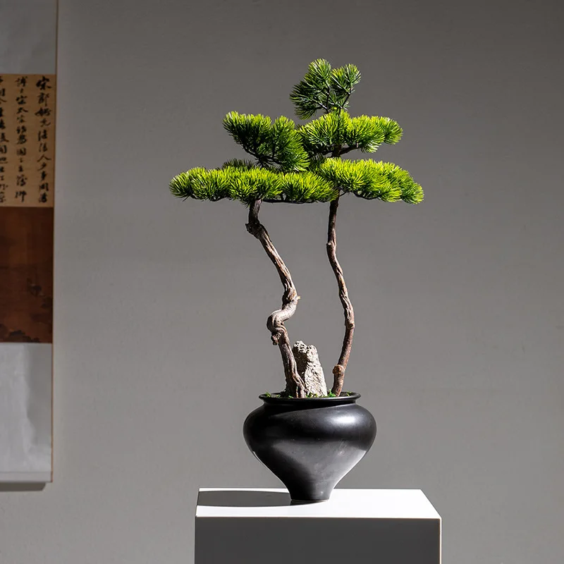 Yjq large new Chinese simulation welcome pine hotel retro indoor bonsai porch ornament potted plants