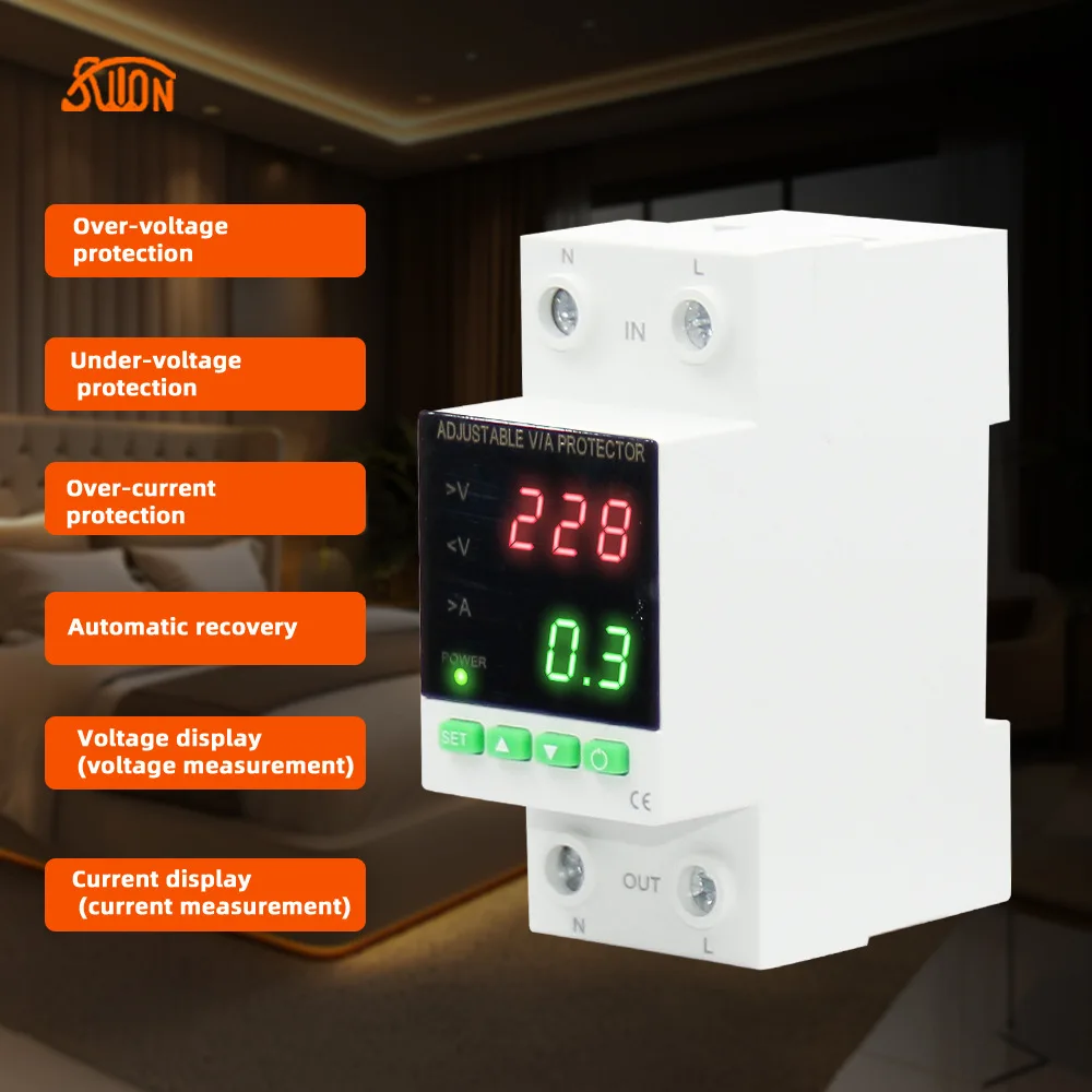 AC 30V 50/60Hz 40A 63A LED Digital Energy Meter DIN Rail Voltmeter Ammeter Over-Under-Volt-Current Protection Automatic Recovery