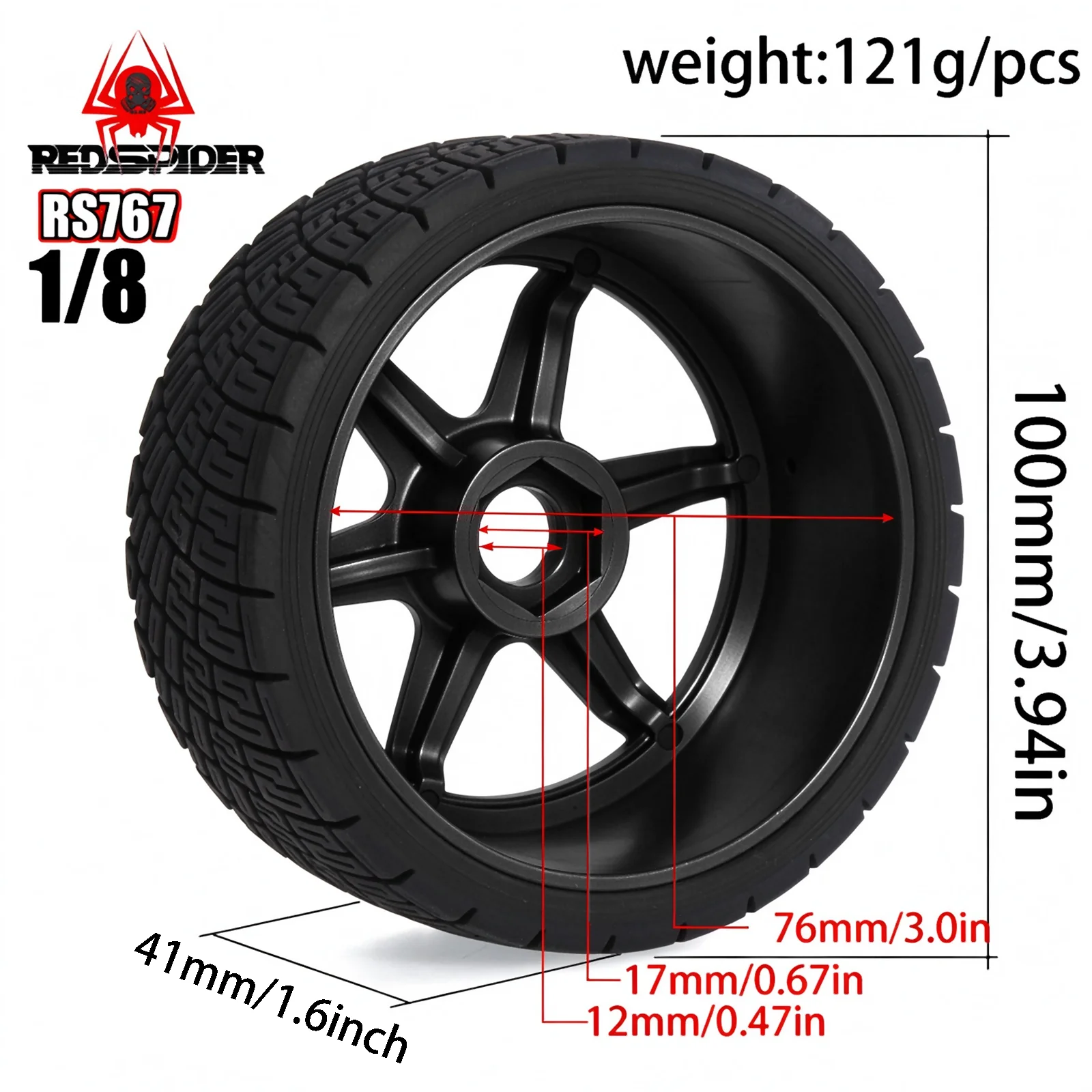 RedSpider 4Pcs 1/8 RC Rally & GT  Wheel Tire Set, Hard Surface Grip Tires for 1:8 Infraction WR8 HSP RC Model Car Accessories
