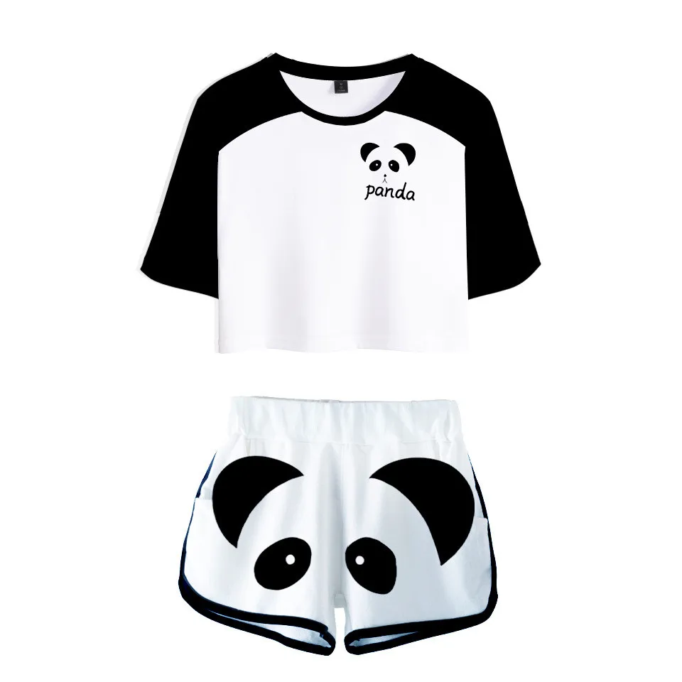 Cute Panda Women Tracksuit Two Piece Set Short Sleeve Crop Top+Shorts Cute Panda 3D t shirt Women's Set