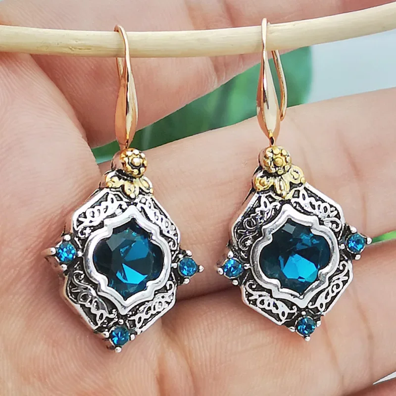 Vintage Square Blue Stone Boho Earrings for Women Ancient Ethnic Tone Engraving Flower Pattern Crystal Dangle Earrings Jewelry