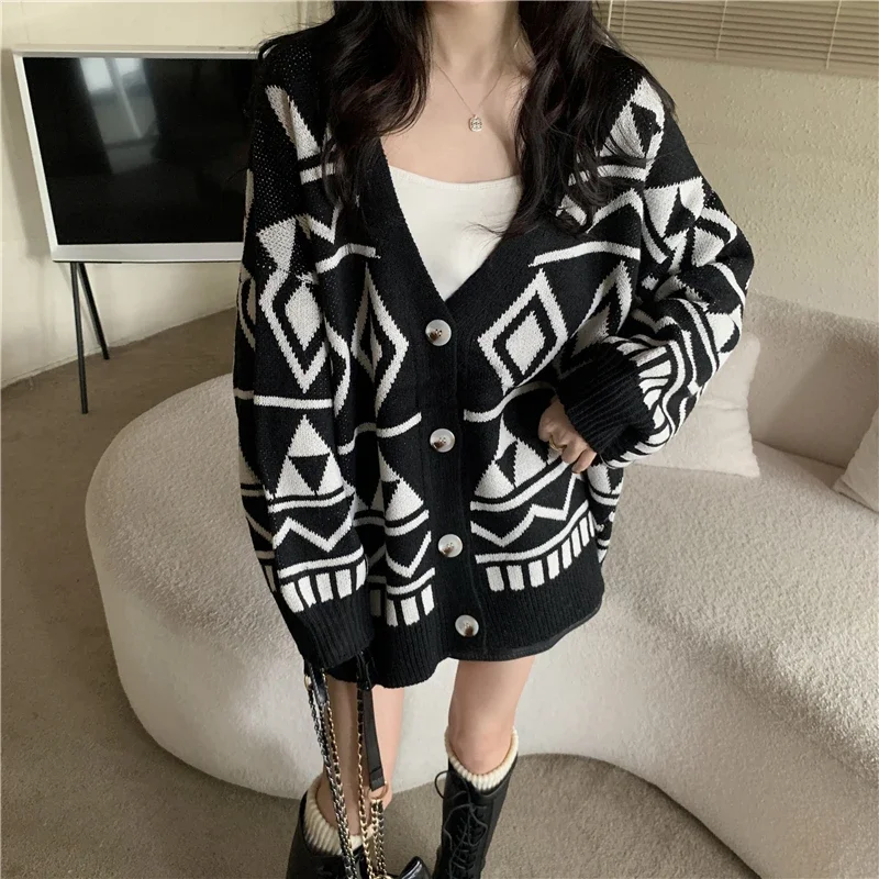 

Вязаный кардиган в ромбовидной клетку, женский осенне-зимний повседневный свободный свитер средней длины, пальто, 2 цвета
