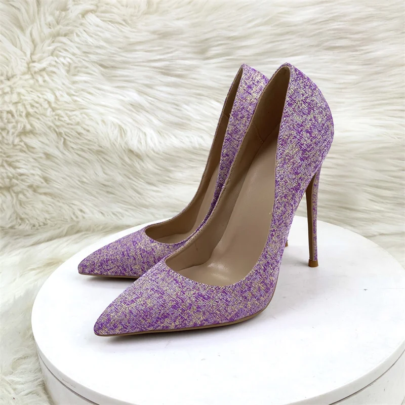 Keshangjia Women Purple Satin Pointy Toe High Heel Shoes for Wedding Party Dress Elegant Slip On Stiletto Pump Custom 33-46