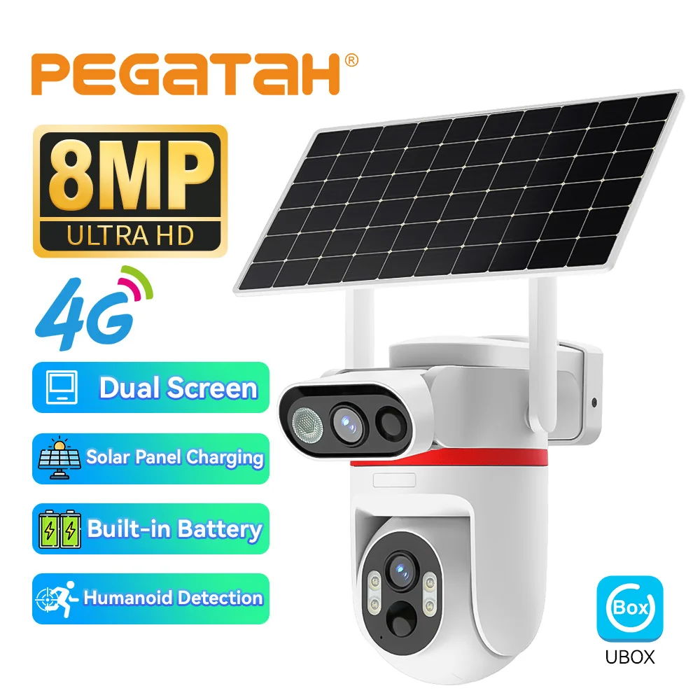 8MP Dual Lens Solar 4G Security Cameras With Solar Panels Color Night Vision Dual PIR Motion Detection Outdoor IP Camera Ubox