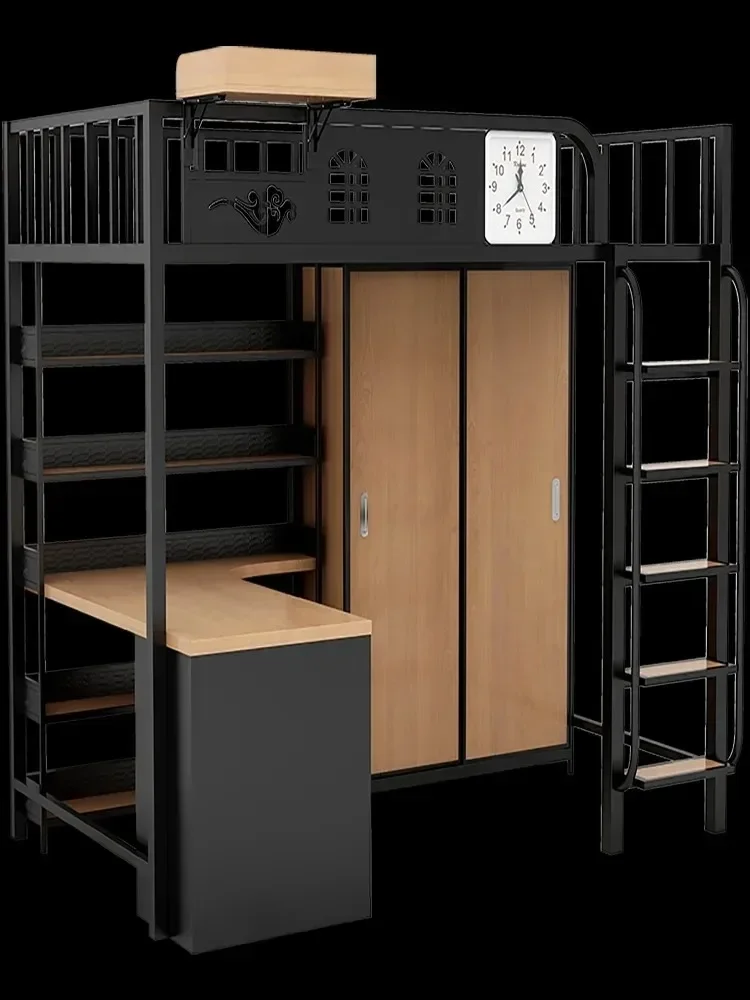 Black and white Children's bed Desk integrated shelf bed Combined wardrobe Interlaced overhead bed