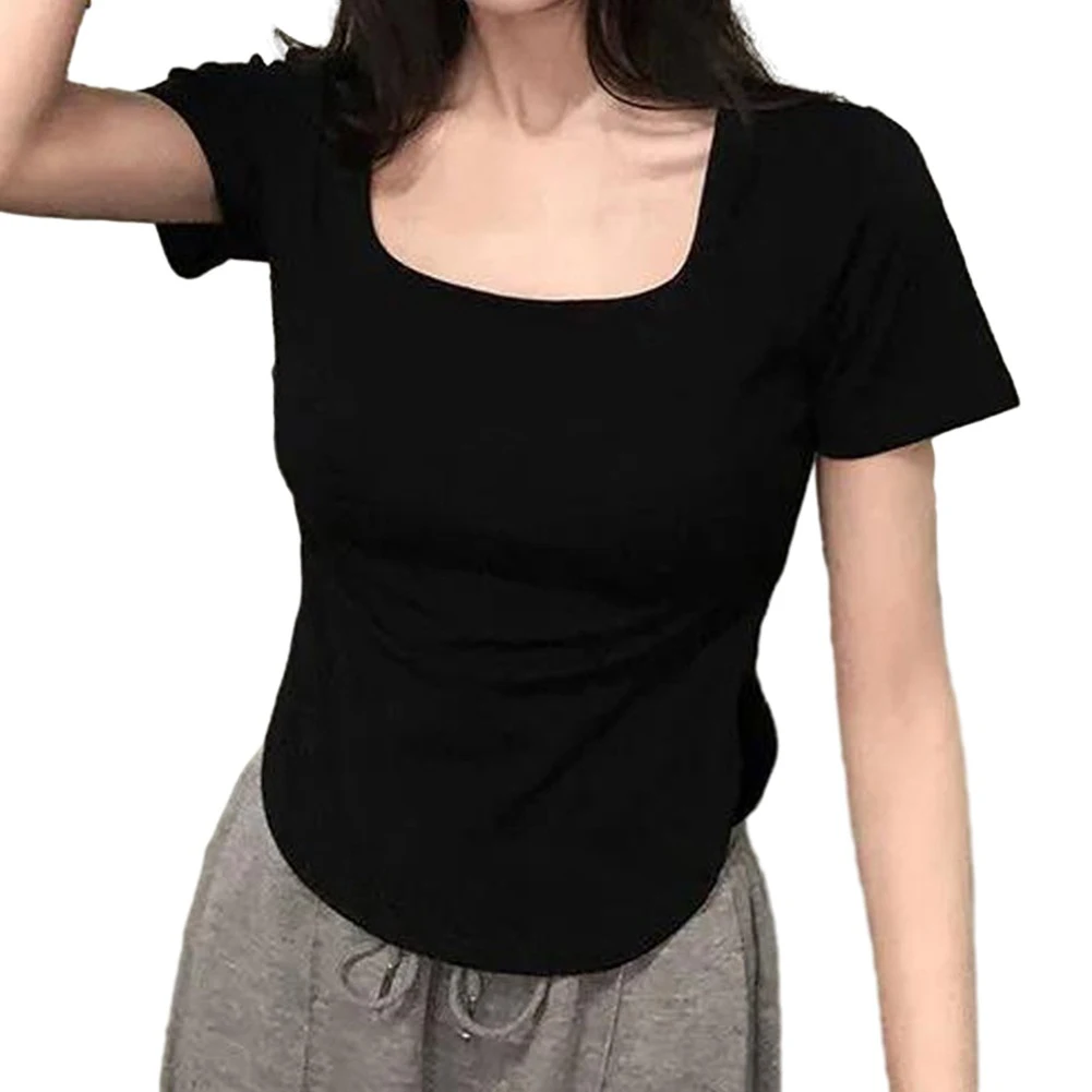 Summer Top T Shirt Daily Hot Girl Irregular Korean Version Shirt Short-Sleeved Slim T-Shirt Tee Top U-Neck Women