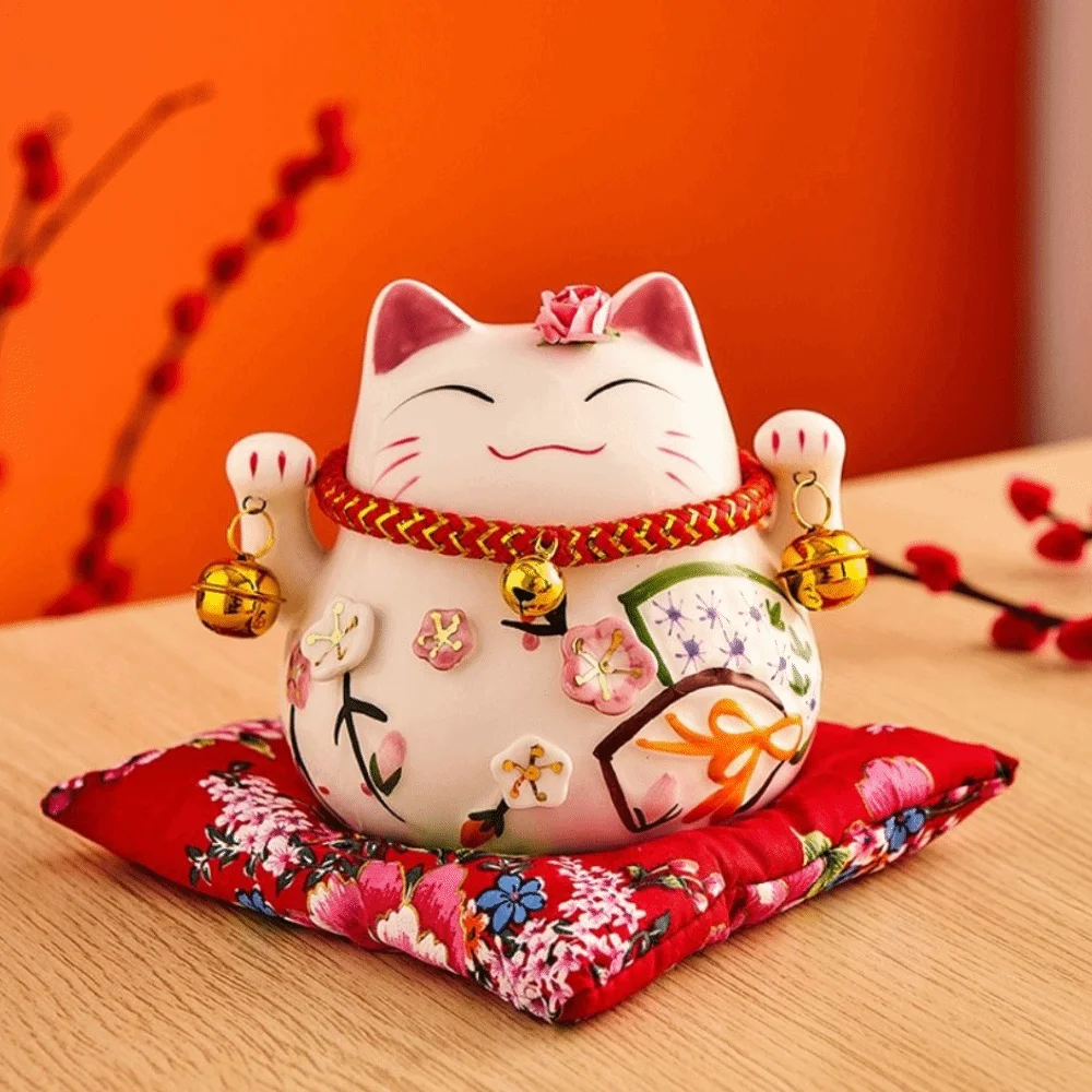 Ornament Ceramic Cat Money Bank Bell Lovely Fortune Cat Piggy Bank Chinese Style Modern Kitten Statue Coin Storage