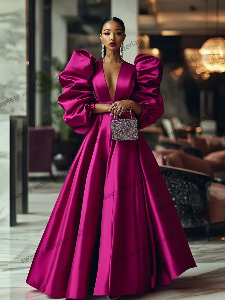 Robe de soirée en Satin de soie, manches bouffantes, col en V, élégante, robe de soirée de mariage, robe de bal personnalisée