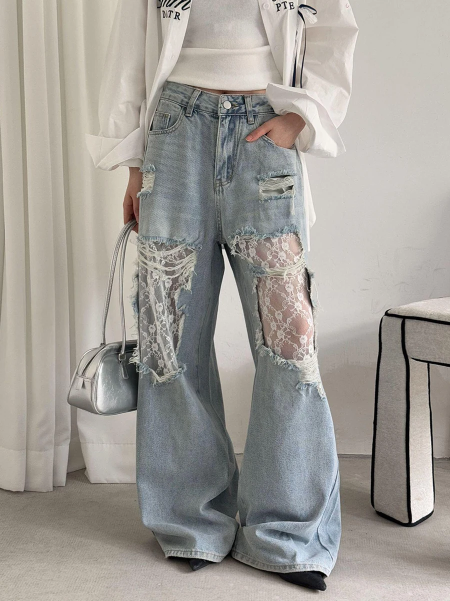 REDDACHiC Stitching Lace Women Baggy Jeans Casual Ripped Holes Raw Edge Hollow Wide Leg Denim Pants Retro Korea Everyday Wear