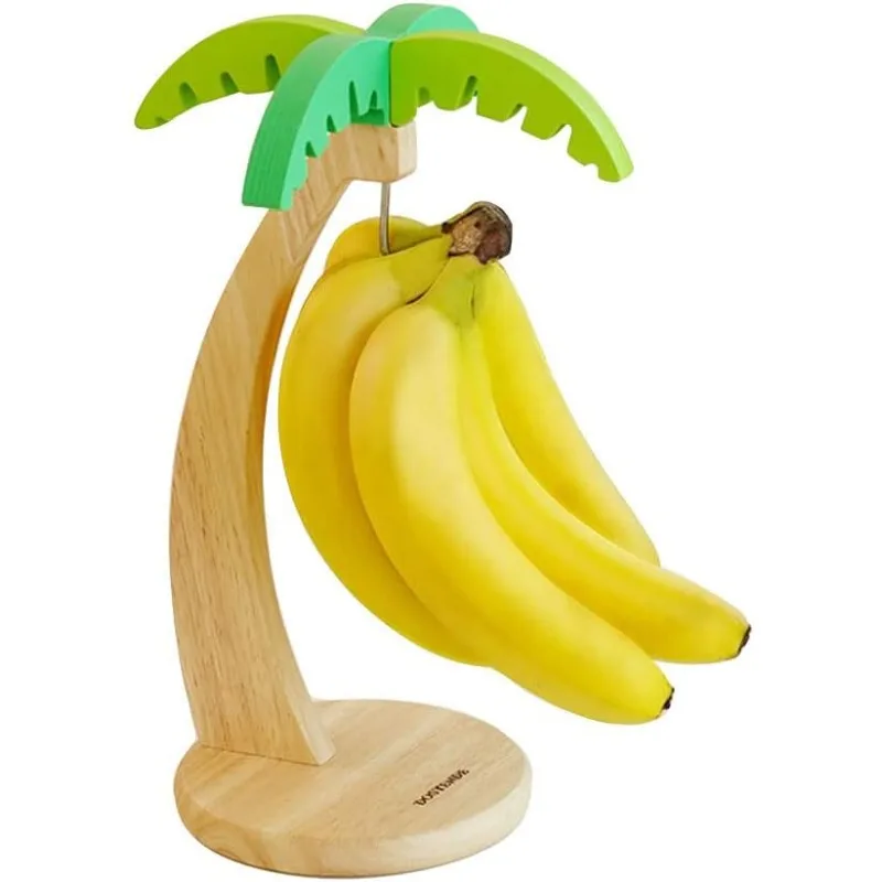 Wooden Hanging Banana Storage Rack with Hook Vertical Fruit Holder Simulated Leaf Decor for Kitchen