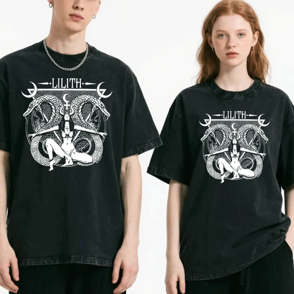 Lilith Pagan Goddess T-Shirt Gothic Style Graphic Men Shirt Fashion Streetwear Unisex Vintage Washed Cotton Black Lilith T-shirt