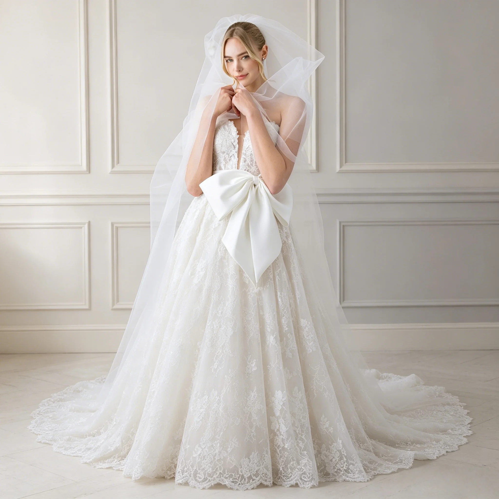 Floral Beaded Strapless Deep V Lace A Line Wedding Dress Big Satin Bow Waist Sash Chapel Train Classic Bridal Gown Customizable