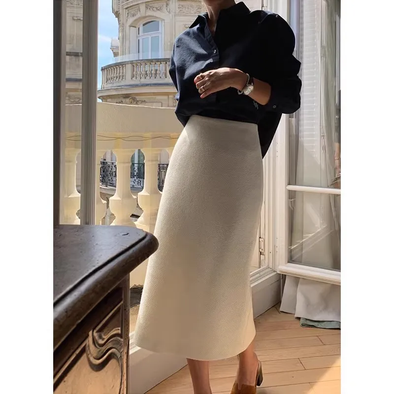 

Черные юбки-карандаш, элегантные женские тонкие офисные женские профессиональные юбки трапециевидной формы с высокой талией, шерстяная юбка миди с разрезом, осень-зима